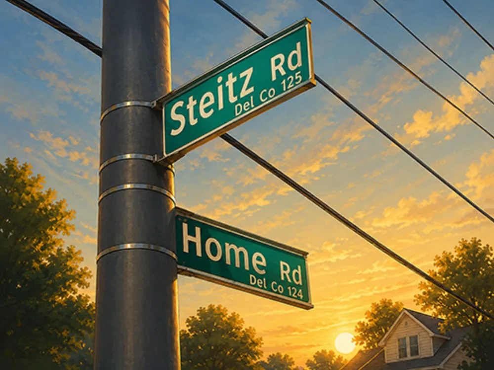 Street signs at the intersection of Steitz Road and Home Road at golden hour